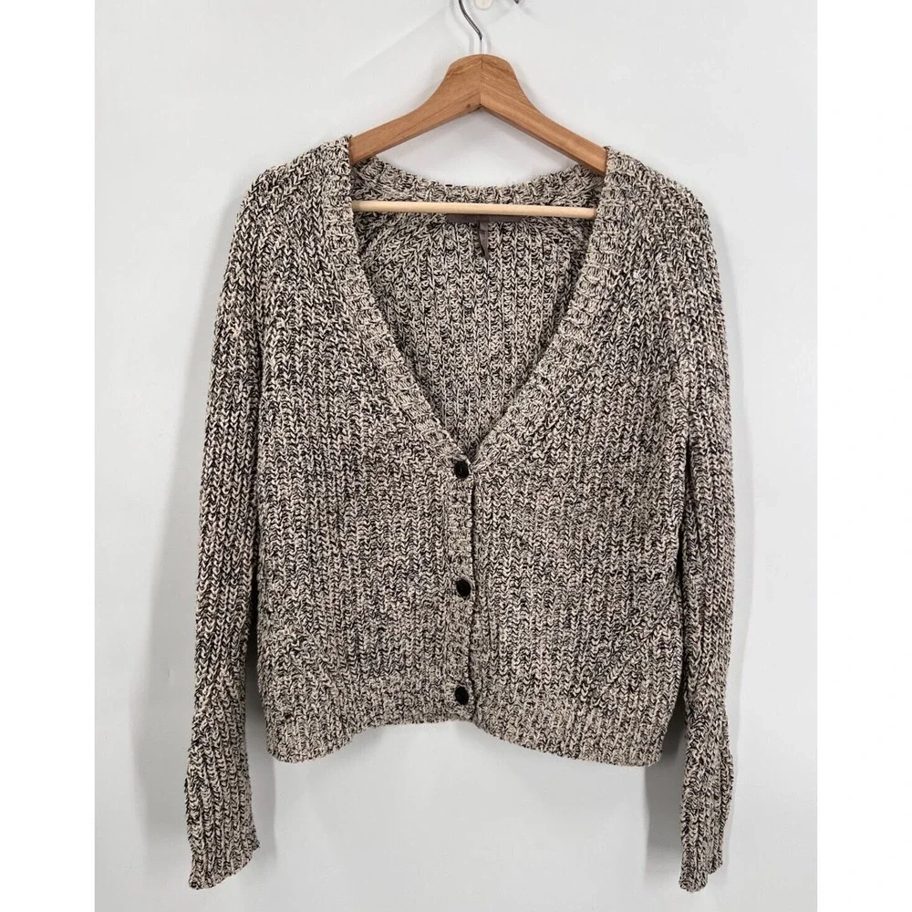 Halston Heritage Beige & Black Heathered Knit Button Front V-Neck Cardigan Small